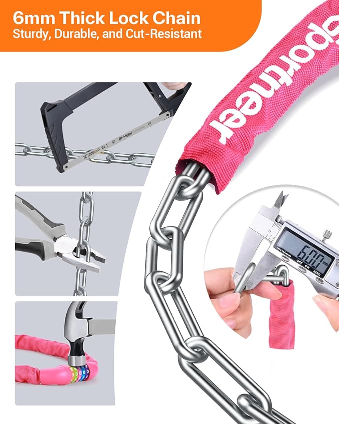 Sportneer Bike Lock: 5 Digit Combination High Security Anti Theft Bike Chain Lock - 3.2/3.6/4ft Heavy Duty Keyless Bicycle Lock for Bike, Motorcycle, Scooter, Door & Gate - 4/6mm Thick, Easy to Use