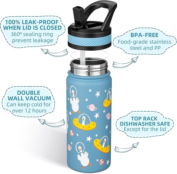 Fanhaw 18 Oz Kids Insulated Water Bottle with Straw - Stainless Steel Double Wall Vacuum Cup, Leakproof, BPA Free, Suitable for Boys and Girls(Cyan - Duck in Space)