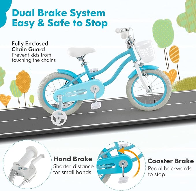 COSTWAY Kids Bike, 12 14 16 18 Inch Toddler Bike Children Bicycle w/Training Wheels, Hand & Coaster Brakes, Adjustable Saddle & Handlebar, Basket, Bell, Kids Bicycle for Girls Boys Aged 3-8 Years Old