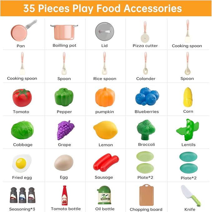 35Pcs Kids Kitchen Toy Accessories, Toddler Pretend Cooking Playset with Play Pots, Pans, Utensils, Cookware, Play Food Set, Toy Vegetables, Learning Gift for Girls & Boys (Pink)