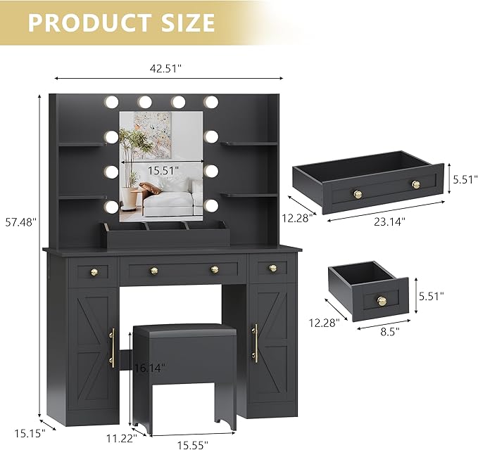 Vanity Makeup Desk with Mirror and Lights, Farmhouse Vanity Table Set with Storage Drawers, Charging Station & Chair, 43" Large Rustic Dressing Table, 3 Lighting Modes for Women Girls Bedroom, Black