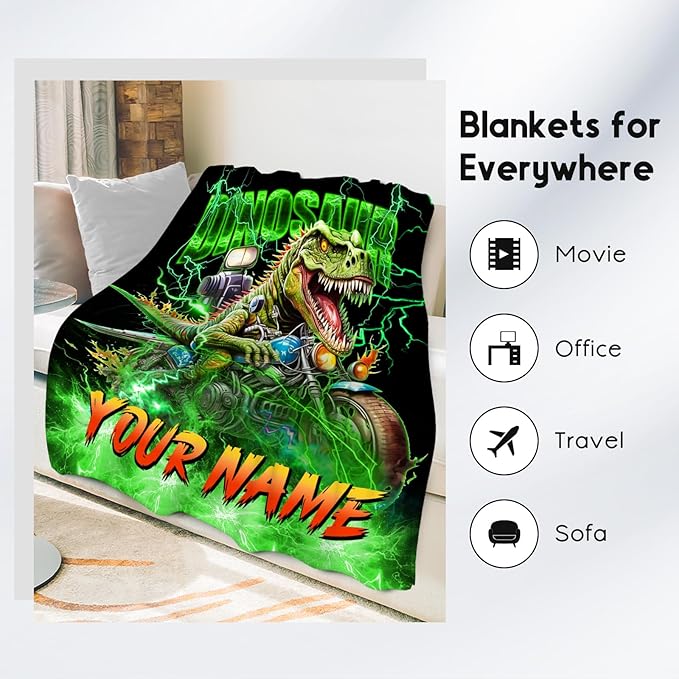 Personalized Kids Blanket Dinosaur Gifts for Boys Toddlers, Soft Plush Cozy Throw for Dinosaur Lovers (4 Sizes)