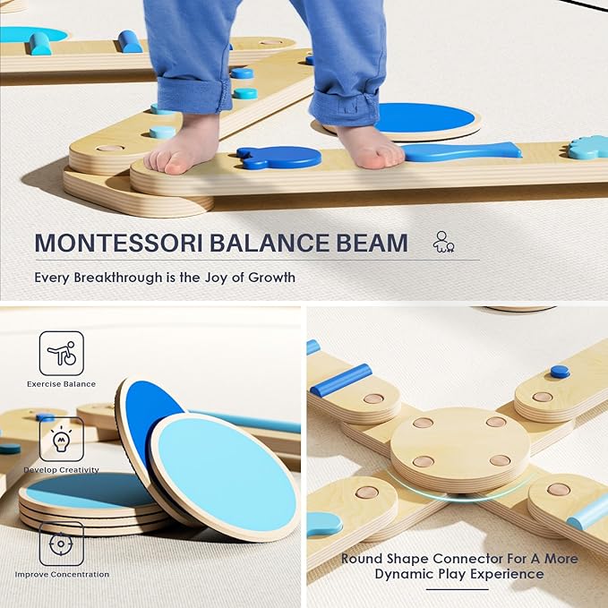 BlueWood Balance Beam for Kids 3-5, Toddler Sensory Wooden Toys and Stepping Stones, Build Coordination Gymnastics Obstacle Motor Skill for Kid