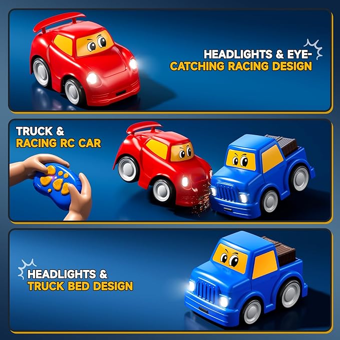 Remote Control Car 2 Year Old, Toddler RC Cars Ages 2-4 Boy, 2-Pack 2.4 GHz Truck and Race Car with Sound and Light, Easy Electrical Remote Control Toy Gifts for Boys Girls 3 4 5+ Year Old