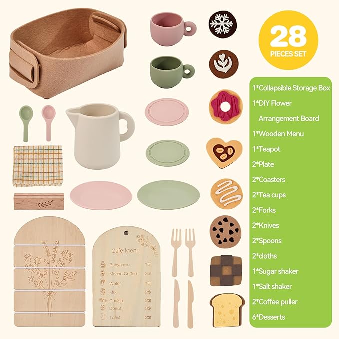 Youuys Wooden Tea Party Set for Toddlers Little Girls with Silicone Teapot Set & Felt Toys & Flower Arranging Toy and Portable Storage Basket, Pretend Play Toys for 3 4 5 6 Year Old Girl