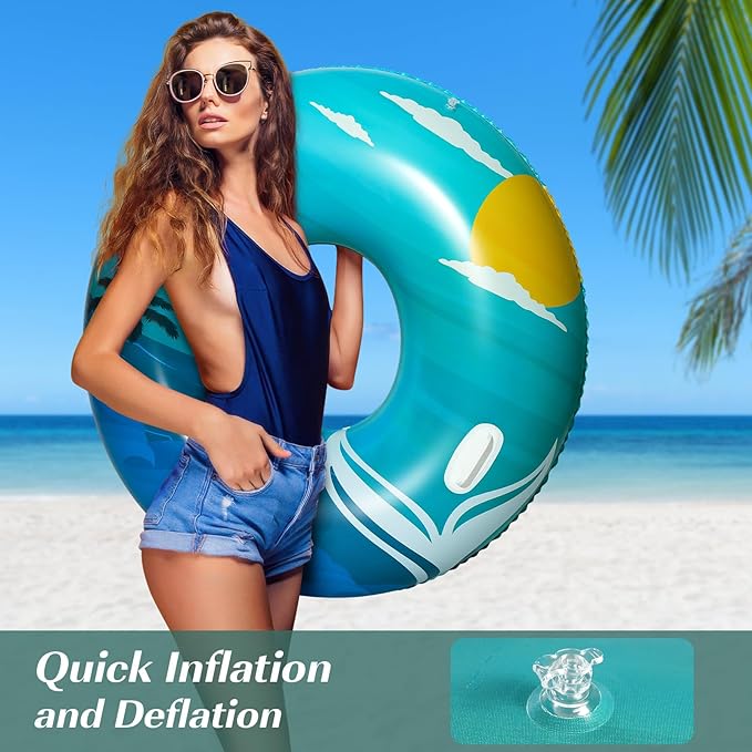HeySplash Pool Tubes for Adult, 42 Inch Large Pool Floats with Handles, Inflatable Swim Rings Lounge, Hawaii Fun Swim Floaties Swimming Pool Beach Lake River Party Decoration Toys, Blue Green Beach