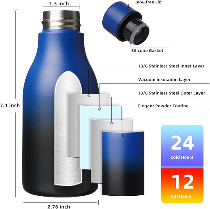 BJPKPK Insulated Water Bottles, 12oz Stainless Steel Metal Water Bottle with Strap, BPA Free Leak Proof Thermos, Mugs, Flasks, Reusable Water Bottle for Sports & Travel, Blue Black
