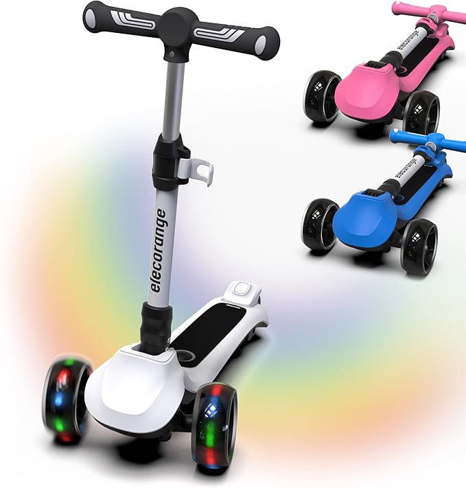 Elecorange T200/T500 Balance Electric Scooter for Kids Age 4-9, 2 Types Front Wheels, Electric Horn, Full Body Lights Up, Wide Deck, 5Mph Safe Speed, 70min Riding, Foldable Kick Scooter Boys & Girl