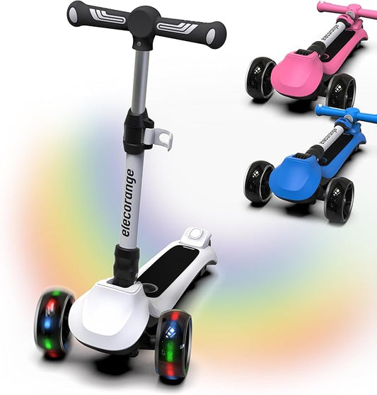 Elecorange T200/T500 Balance Electric Scooter for Kids Age 4-9, 2 Types Front Wheels, Electric Horn, Full Body Lights Up, Wide Deck, 5Mph Safe Speed, 70min Riding, Foldable Kick Scooter Boys & Girl