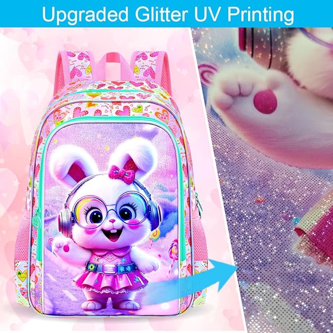 CCJPX 16" Bunny Backpack for Girls, 3Pcs Kids Bookbag with Lunch Box, Water Resistant Elementary School Bag for Kindergarten Preschool Toddler (Pink)