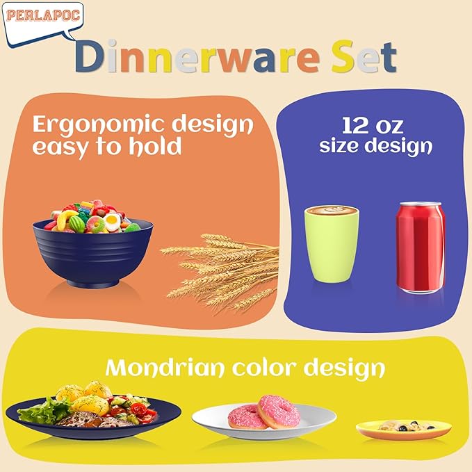 Wheat Straw Dinnerware Sets 40 PCS - Dishes Set for 8 Unbreakable Plates and Bowls Sets with Cups Dishwasher & Microwave Safe Lightweight Dinnerware for Kitchen Camping RV - Mondrian Colors