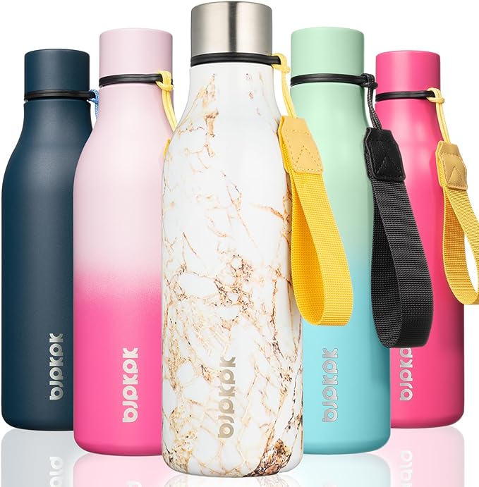 BJPKPK Insulated Water Bottles, 18 oz Stainless Steel Metal Water Bottle with Strap, BPA Free Leak Proof Thermo, Mugs, Flasks, Reusable Water Bottle for Sports & Travel, Marble-Amber