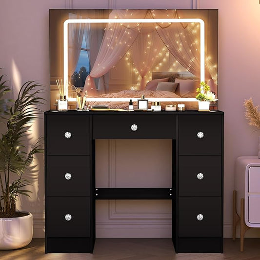 Black Vanity Desk with Large Mirror and Lights, 39.4''W Makeup Vanity with 3-Color Light Adjustable Brightness, 7 Drawers & Open Shelves, Big Vanity Desk for Bedroom, Girls & Women, 3429LED