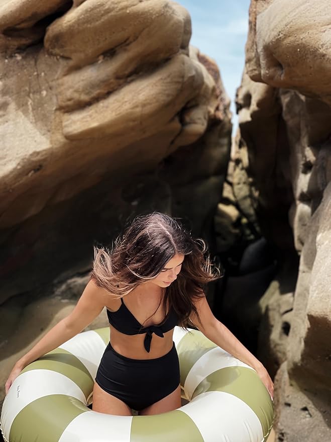 Petites-Pommes Inflatable Float for Adults - Durable Inner Tube, Handprinted Classic Striped Design Ring Float, Soft Comfort Seaming, Packable Floats for Travel, Military Green, 47 inch