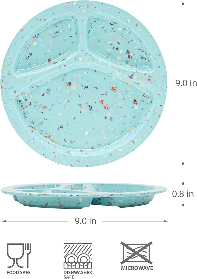 bzyoo 9-Inch Melamine Divided Plates – 3-Section Portion Control Plates, Food Safe & Durable, Lightweight & Unbreakable, Reusable Tableware for Kids, Big Kids & Everyday Meals, Confetti Green