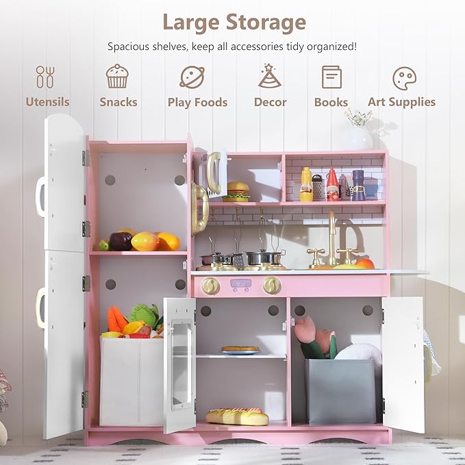 Kinder King Wooden Kids Play Kitchen, Toy Kitchen Playset for Toddler, Pretend Oven, Microwave, Telephone, Chalkboard, Interactive Doors, Knobs, Realistic Kitchen Sets for Boys Girls Age 3+, Gold