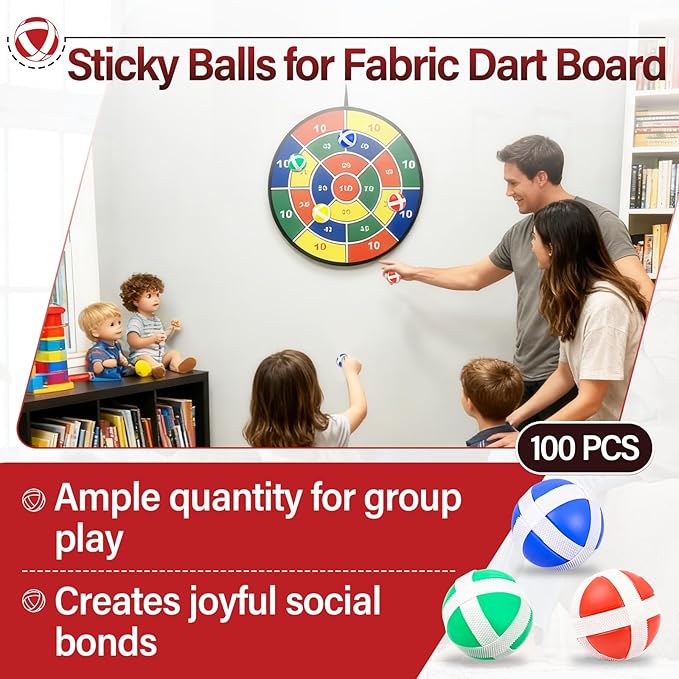 100 Pcs Sticky Balls for Fabric Dart Board, Hook and Loop Safe Sport Balls for Indoor Outdoor Party Games for Kids and Adults, 4 Colors