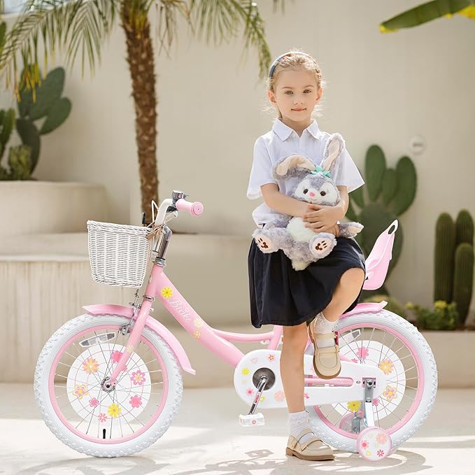 Girls Bike with Basket for Toddlers and Kids Aged 3-14 Years Old, 12 14 16 18 Inch with Training Wheels & Doll Seat, 20 Inch with Kickstand & Rear Rack, Princess Style Bicycle for Gift.