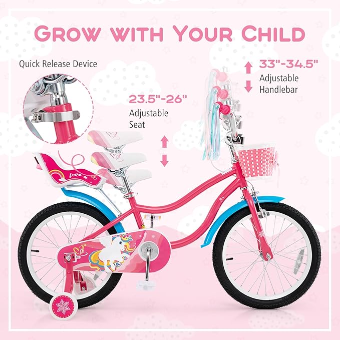 BABY JOY Kids Bike, 12 14 16 18 Inch Children Bicycle w/Detachable Training Wheels, Storage Basket, Adjustable Seat & Handlebar, Bow or Streamer, Girls Bike for 3-8 Years Old