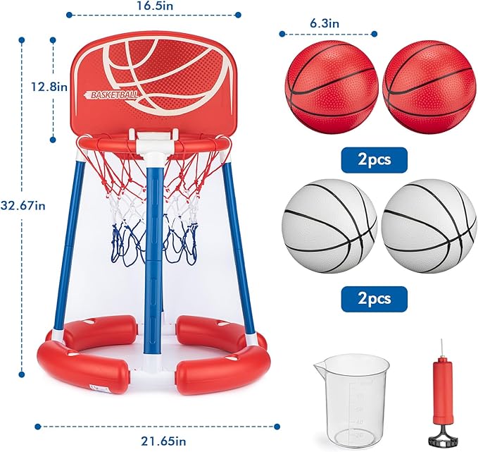 Pool Basketball Hoop with Backboard, Floating Pool Toy for Kids, Inflatbale Pool Basketball Outdoor Toys with 4 Balls & Pump for Swimming Pool, Water Summer Game for Kids Adults, Red