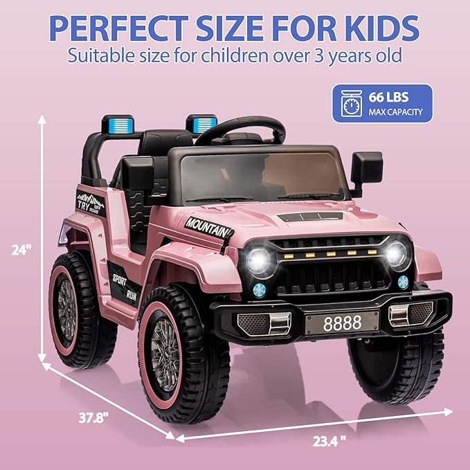 12V Kids Ride On Truck Car, Battery Powered Electric Vehicle Toy w/Parent Remote Control, Spring Suspension, 3 Speeds, LED Light, Music & Horn, Electric Cars for Kid, Gift for Boy Girl, Light Pink