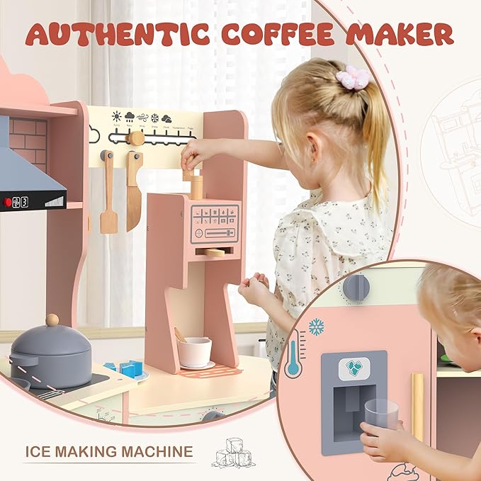 ANPABO Play Kitchen for Kids Aged 3+, Wooden Kitchen Playset w/Real Lights & Sounds, Coffee & Ice Maker, Microwave, Stove, 30Pcs Accessories Include Play Food, Pretend Play Set for Boys & Girls, Pink