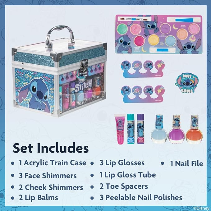 Stitch Train Case Beauty Set, Kids Makeup Kit for Girls, Real Washable Makeup Set, Play Makeup, Party Favor, Birthday, Ages 3 4 5 6 7 8 9 10 11 12 by Townley Girl