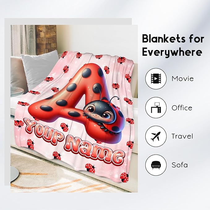Custom Blanket with Name - Kids Blankets with Ladybug for Girls Boys - Personalized Monogram Gifts for Daughter Son - Fuzzy Plush Flannel Throws - 4 Sizes for Toddler/Children/Teens/Adults