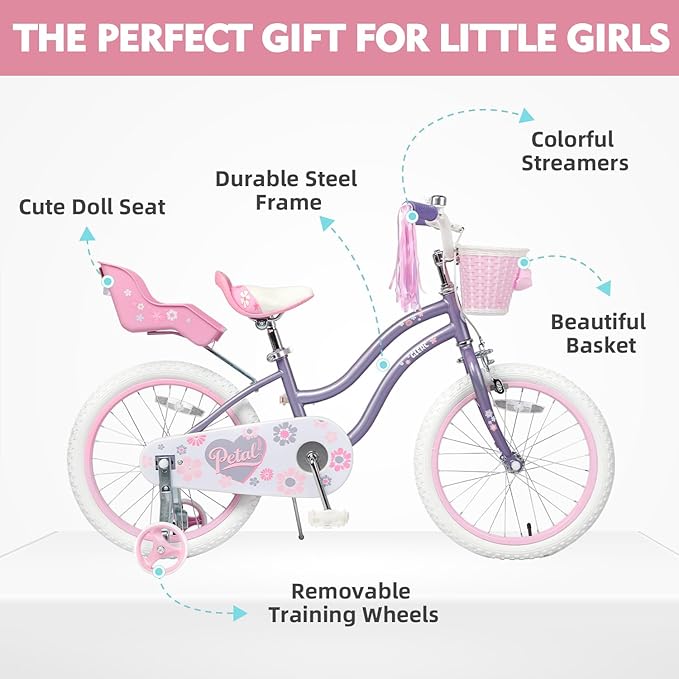 Glerc Petal Girls Bike, 12-18 Inch Kids Bike for Ages 2-9 Years Old Children, Princess Style Kids Bicycle with Training Wheels & Basket & Streamers, Multiple Colors