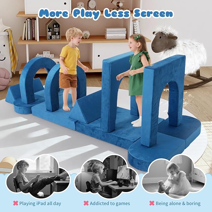 12 Pcs Modular Kids Play Couch, Toddler Couches That Fold Out, Plush Foam Chair for Children’s Playroom, Velvet Fabric Convertible Foam and Floor Cushion for Boys and Girls (Blue,07)