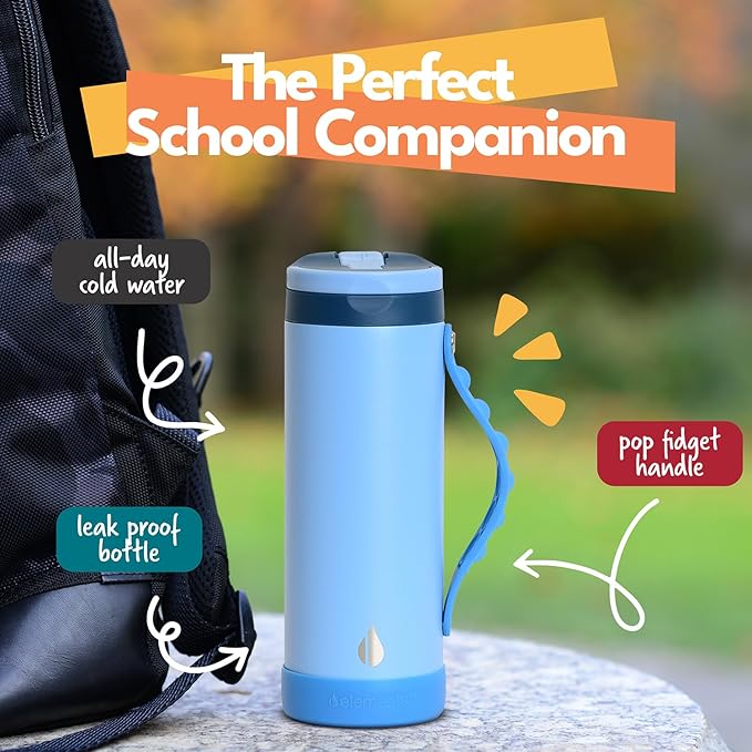Elemental Iconic Kids Water Bottle for School - 100% Leak-Proof Insulated Water Bottles with Straw Lid & Pop-It Handle for Boys & Girls - Triple-Wall Insulated & BPA-Free, 14oz – Ocean Blue