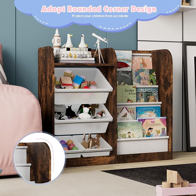 Rustic Kids Wood Bookshelf Toy Storage Box Organizer Shelf W/4 Removable Plastic Toy Bins Children Bookcase Toddler Baby Sling Book Rack Cabinet Chest Girl Boy Gift Playroom Classroom Bedroom Nursery