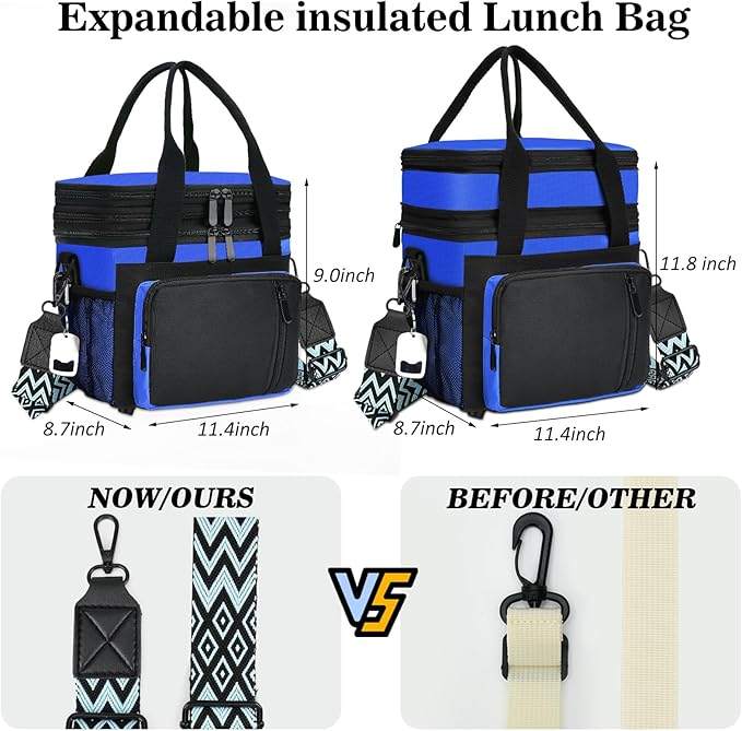 LOKASS Lunch Box for Women/Men-16L-Insulated Lunch Bag, Expandable Double-layer Leakproof Cooler Bag with Upgrade Adjustable Shoulder Strap Ideal for Work/Travel/Picnics（Sapphire Blue）