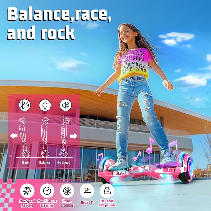 Scooter with Seat Attachment for Kids Adults, 6.5'' 8.5''Balancing Scooter with Bluetooth Speakers & Colorful LED Light with Kart