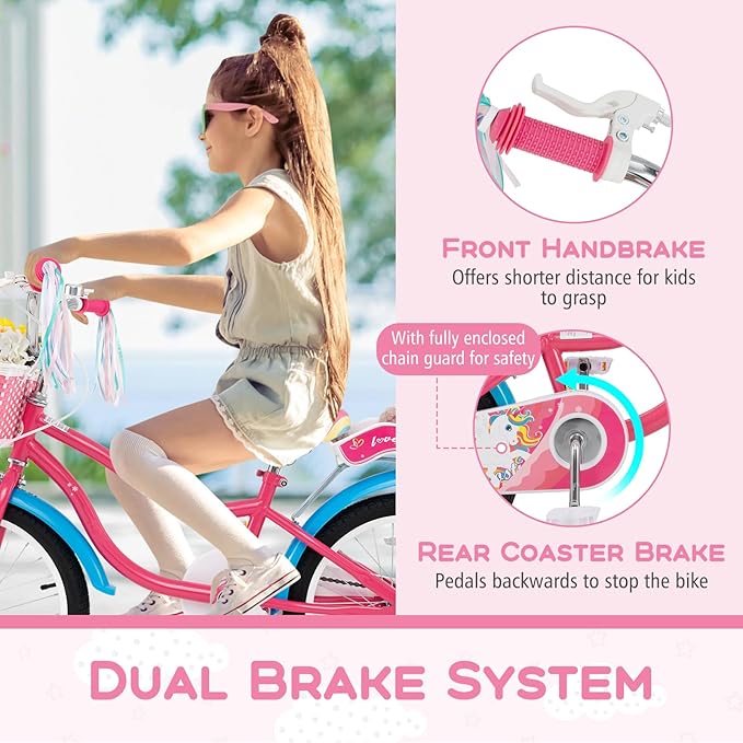 BABY JOY Kids Bike, 12 14 16 18 Inch Children Bicycle w/Detachable Training Wheels, Storage Basket, Adjustable Seat & Handlebar, Bow or Streamer, Girls Bike for 3-8 Years Old