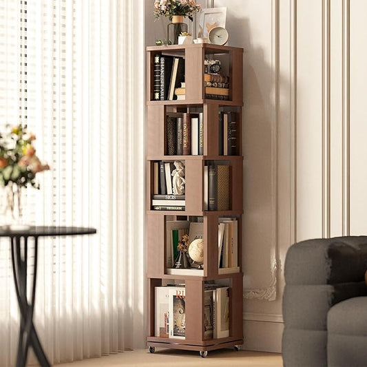5 Tier Solid Wood Rotating Bookshelf Tower on Wheels, 360° Upgrade Spinning Book Shelf, Revolving Bookcase Organizer, Swivel Bookshelves for Small Spaces, Corner, Bedroom, Kids Room, Office (Walnut)