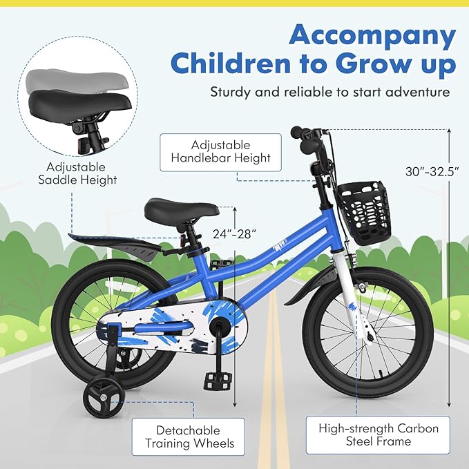 COSTWAY Kids Bike, 12 14 16 18 Inch Toddler Bike for Boys & Girls Aged 3-8 Years Old, Kids Bicycle w/Removable Training Wheels, Handbrake & Coaster Brake, Basket, Bell