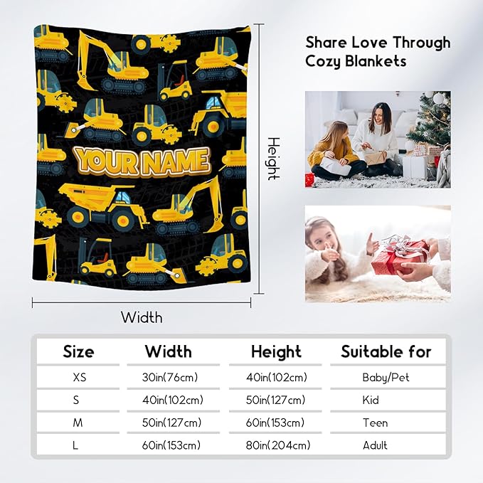 Personalized Truck Blanket with Name, Custom Kids Boys Blanket for Truck Lovers, Toddler Blankets for Boys Car Gifts, Flannel Soft Throw Blanket for Couch Office (Yellow, 40x50 Inch)