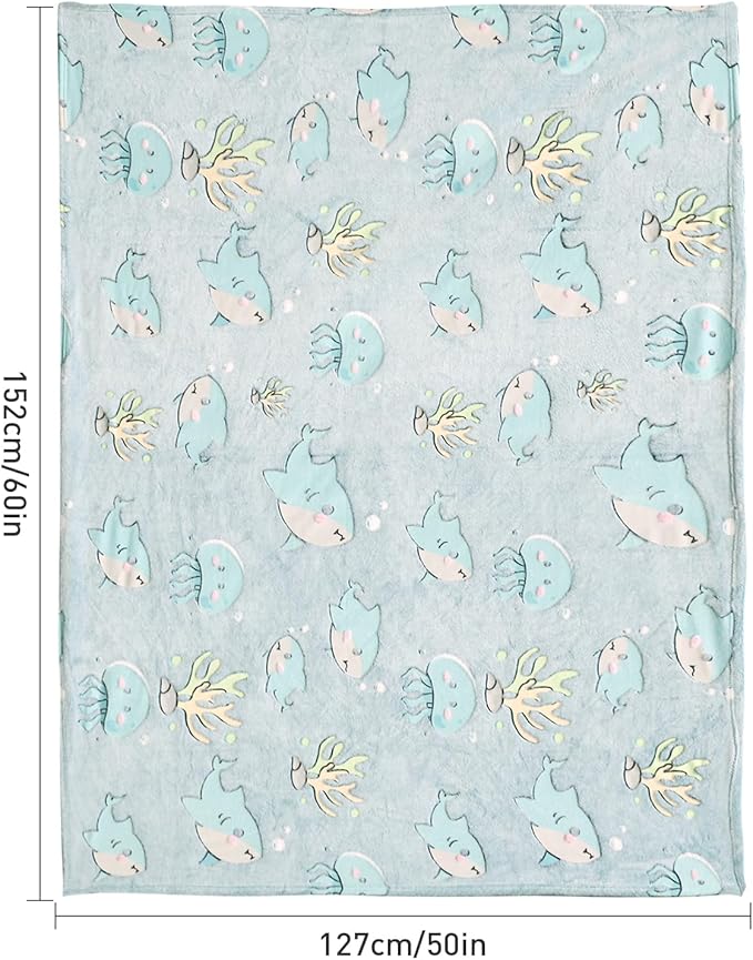 Glow in The Dark Blanket Shark Pattern for Unique Birthday Gifts for Girls Boys Teens, Lightweight Soft Cozy Warm Fuzzy 60"×80" Blue
