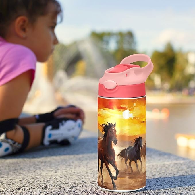 Kigai Black & White Cow Print Kids Water Bottle with Straw Lid, Vacuum Insulated Stainless Steel Double Walled Leakproof Tumbler Travel Cup for Girls Boys Toddlers, 12 oz