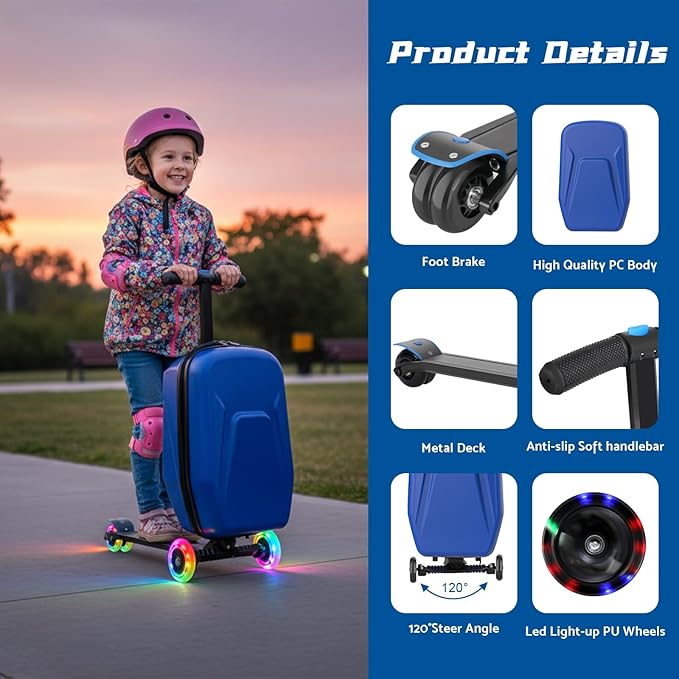 20" Hardshell Scooter Suitcase for Kid & Adult Foldable 2 in 1 Ride on Carry on Travel Trolley Scooter Luggage With Wheels