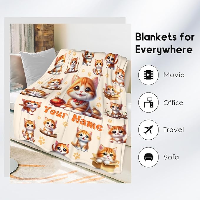 Girls Blankets Gifts Personalized Cat Blanket for Cat Lovers Toddlers Granddaughter, Custom Gifts with Name, 30"x40" Cute Flannel Kids Throw for Couch Sofa