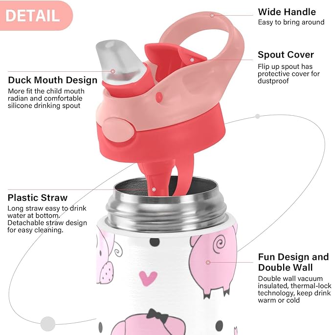 Kigai Cute Pig Kids Water Bottle, Vacuum Insulated Stainless Steel Water Bottle, Double Walled Leakproof Tumbler Travel Cup for Girls Boys Toddlers, 12 oz
