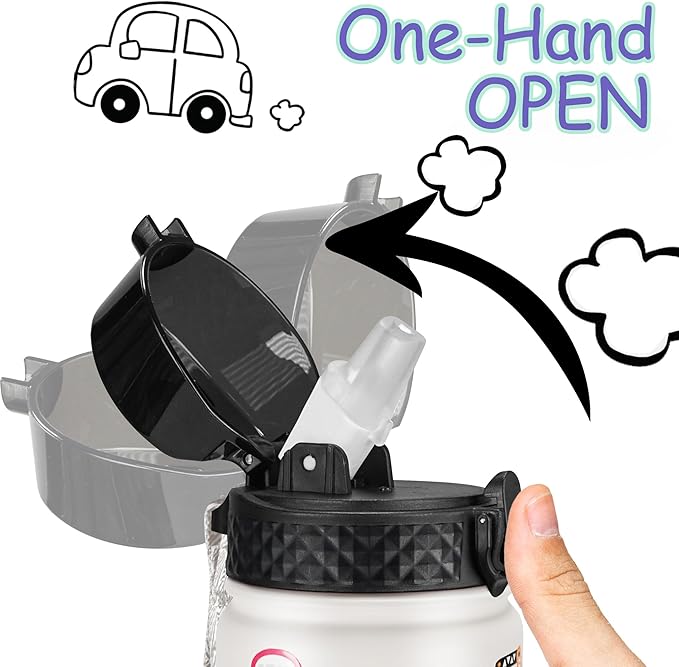 GOPPUS Kids Water Bottle (Straw Lid) - 18 Oz Stainless Steel Travel Bottle, Double Wall Vacuum Leak Proof Kids Cup for School Boys Girls,White engineering car