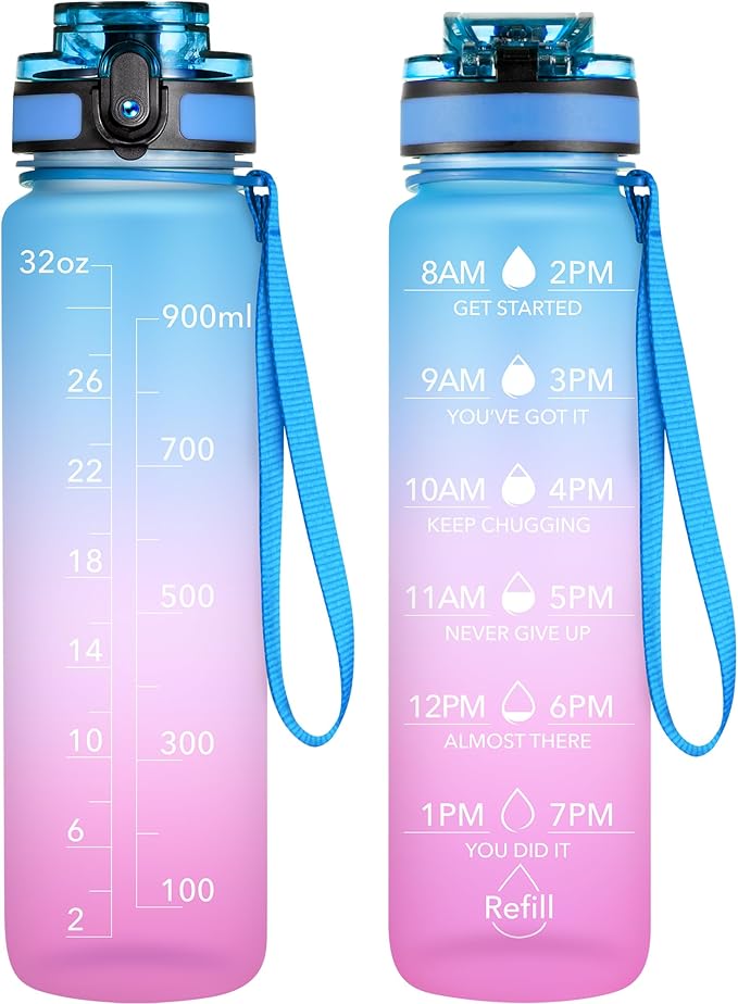 OLDLEY Water Bottle, 32oz Motivational Sports Water Bottle with Time Marker - Times to Drink - Tritan, BPA Free, Wide Mouth Leakproof, Blue Amethyst (1 Bottle)