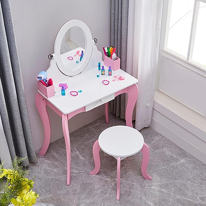 Wooden Vanity Set with 360° Swivel Mirror (Whiteboard & Mirror) & Stool, Kids Makeup Dresser Table with Anti-Tip Design, Storage Drawer for Ages 4-9 Girls, Ideal Gift for Birthday/Christmas
