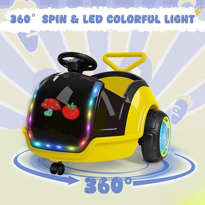 ANPABO 3-in-1 Electric Push Ride On Car, 12V Kids Ride On Toy w/Remote Control, 360° Spin, LED Display, Colorful LED Light, 5-Point Safety Belt, Music Player, Push Car for Toddler Ages 1-3 (Yellow)