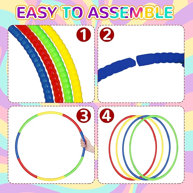 Sratte 12 Pcs Toy Hoop for Kid - Detachable & Adjustable Colored Hoop Exercise Ring Plastic Circle for Kid, Teen Gymnastics, Dog Agility Equipment, Require Self Assembly(Classic Color, 28 Inch)