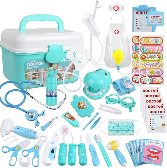 Anpro 46Pcs Medical Toy Kids Doctor Pretend Play Kit, Pretend Play Set with Stethoscope for Kids Doctor Role Costume Dress-Up, Birthday Gifts