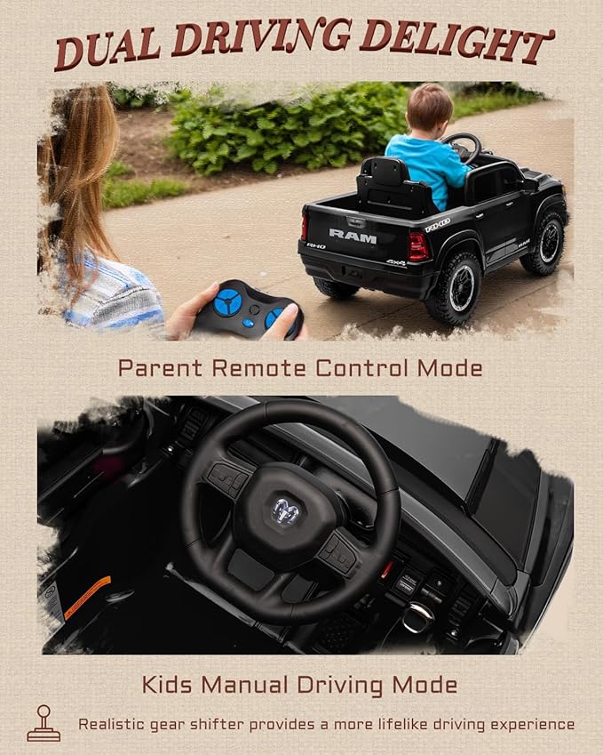 First Ride On 12V Licensed Ram 1500 Ride on Toy for Kids, Toddler Ride on Pickup Truck with Parent Remote Control, Electric Car for Kids with Truck Bed Storage, 3 Point Safety Belt (Black)